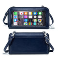 Imagem da frente e verso da Bolsa de Ombro para Celular na cor azul escuro. A frente exibe um design elegante em couro com compartimentos para cartões e dinheiro. No verso, a viseira sensível ao toque permite acessar e interagir com o celular