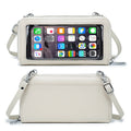 Imagem da frente e verso da Bolsa de Ombro para Celular na cor braca. A frente exibe um design elegante em couro com compartimentos para cartões e dinheiro. No verso, a viseira sensível ao toque permite acessar e interagir com o celular