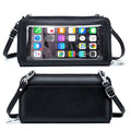 Imagem da frente e verso da Bolsa de Ombro para Celular na cor preta. A frente exibe um design elegante em couro com compartimentos para cartões e dinheiro. No verso, a viseira sensível ao toque permite acessar e interagir com o celular