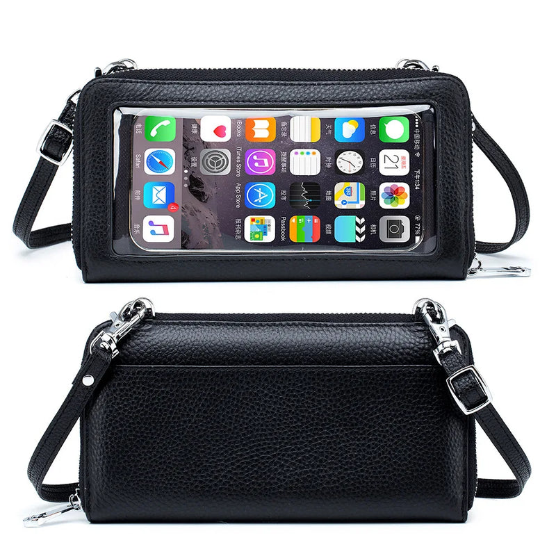 Imagem da frente e verso da Bolsa de Ombro para Celular na cor preta. A frente exibe um design elegante em couro com compartimentos para cartões e dinheiro. No verso, a viseira sensível ao toque permite acessar e interagir com o celular