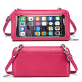 Imagem da frente e verso da Bolsa de Ombro vermelho rosa, Celular na cor preta. A frente exibe um design elegante em couro com compartimentos para cartões e dinheiro. No verso, a viseira sensível ao toque permite acessar e interagir com o celular