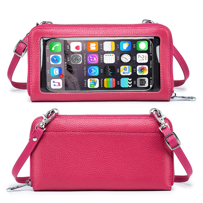 Imagem da frente e verso da Bolsa de Ombro vermelho rosa, Celular na cor preta. A frente exibe um design elegante em couro com compartimentos para cartões e dinheiro. No verso, a viseira sensível ao toque permite acessar e interagir com o celular