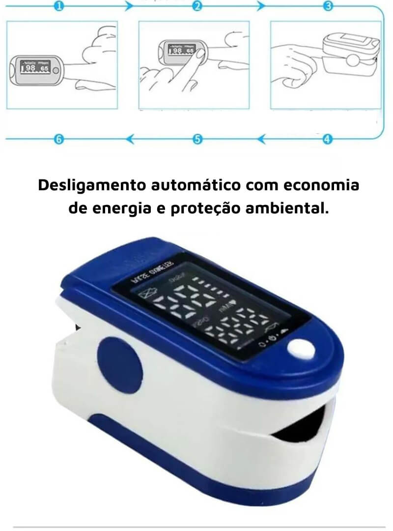 alt= Foto de um oximetro azul e branco com a fraze "Desligamento automatico com economia de energia e proteção ambiental"